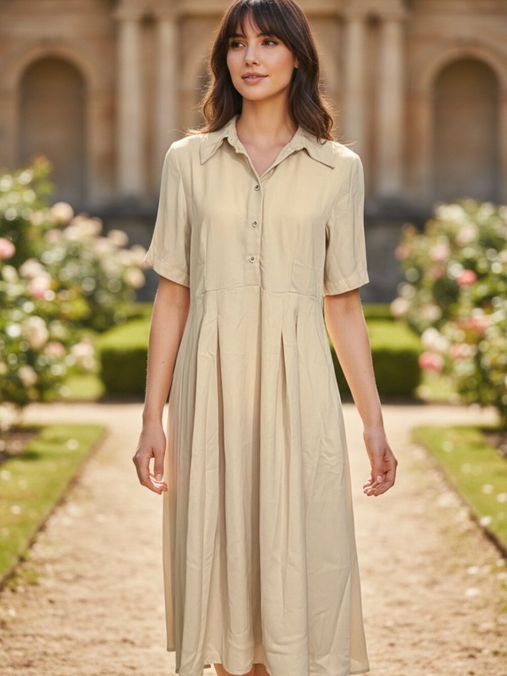 Rareism Women's Enbarry Midi Dress Beige Button Down Collared Short Sleeve M